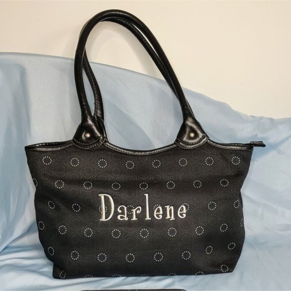 Thirty-One Tote Bag Purse Black White Dot Print Personalized Darlene Embroidery